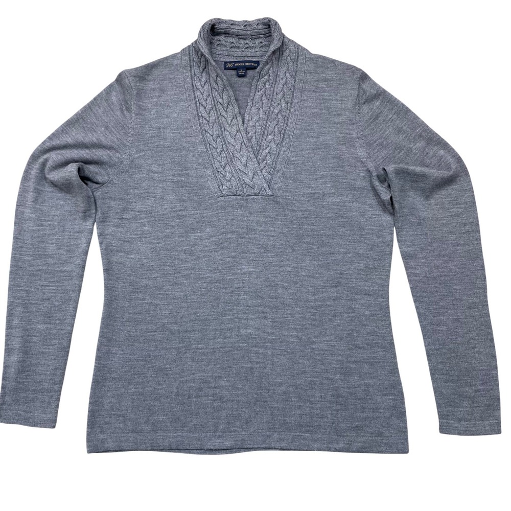 Brooks Brothers 346 Womens 100% Wool Gray Cable Knit Trim V-Neck Sweater Size L